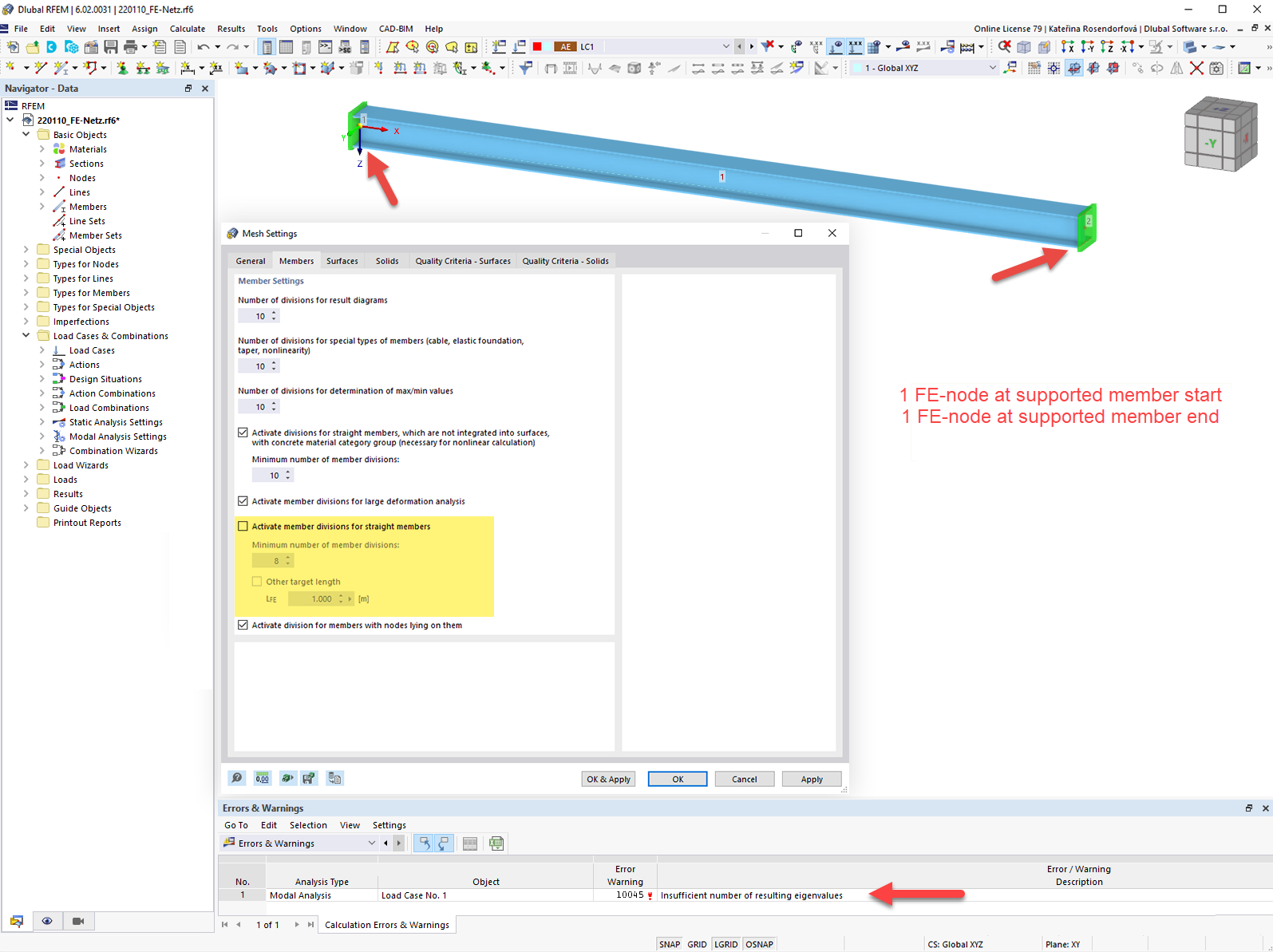 Autovalori errati con un solo nodo EF per estremità dell'asta