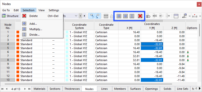Celle selezionate e funzioni di modifica tramite menu e pulsanti