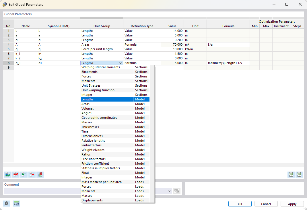 Finestra di dialogo 'Modifica parametri globali'