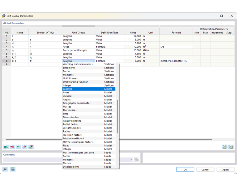 Finestra di dialogo 'Modifica parametri globali'