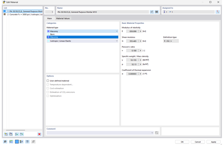 Dialogo Modifica materiale