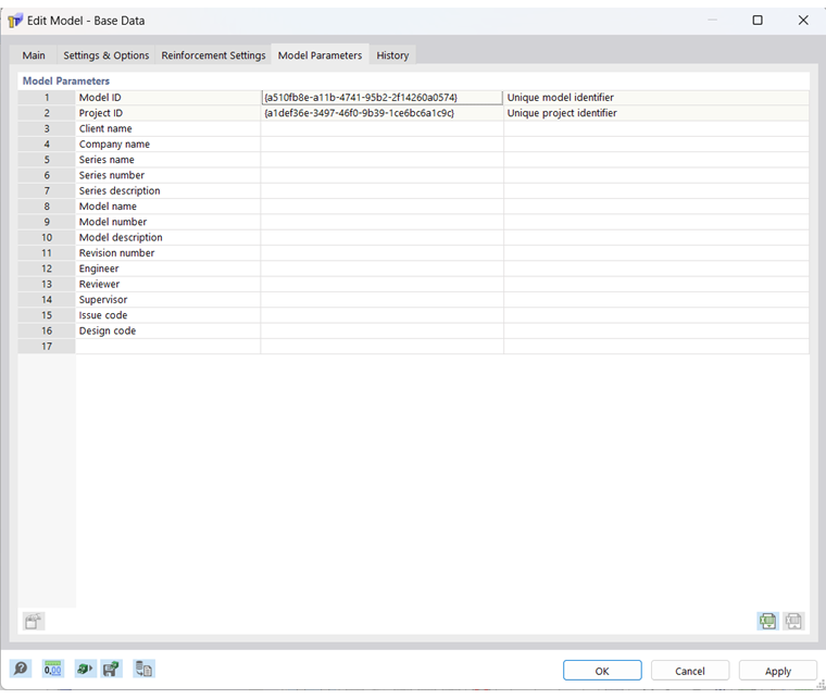 Dialogo 'Nuovo modello - Dati di base', Scheda 'Parametri modello'