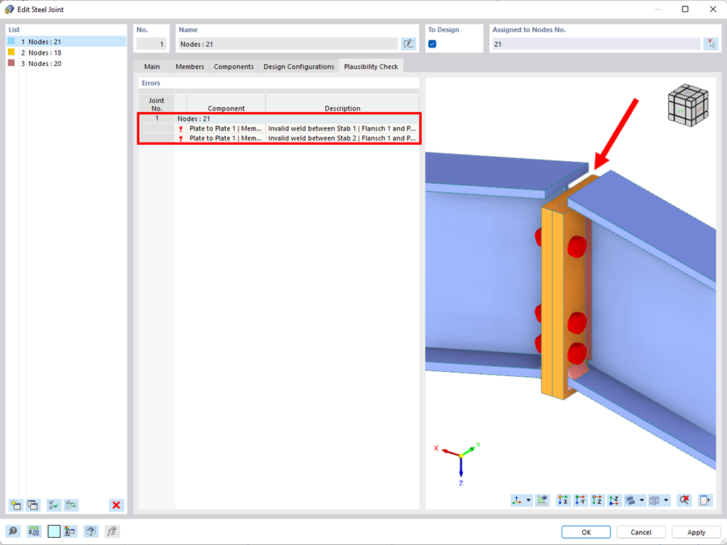 Messaggio di errore durante il controllo della connessione | Giunti acciaio per RFEM 6