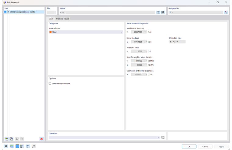 Finestra di dialogo "Nuovo materiale"