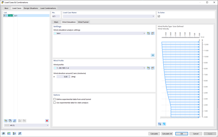 Casi e combinazioni di carico, simulazione del vento