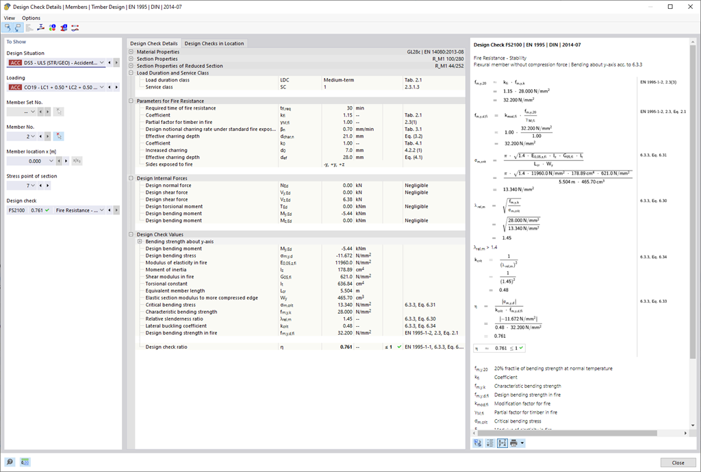 Risultati della verifica della resistenza al fuoco secondo la norma EN 1995 per strutture in legno.