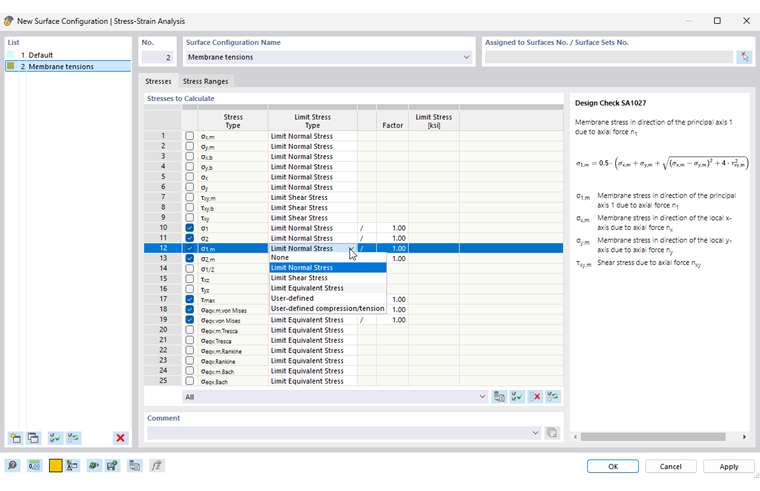 Dialogo "Configurazione delle superfici": Impostazione sollecitazioni da calcolare