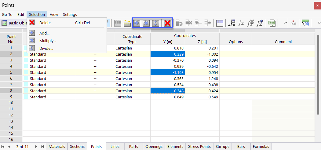 Celle evidenziate e funzioni di modifica tramite menu e pulsante