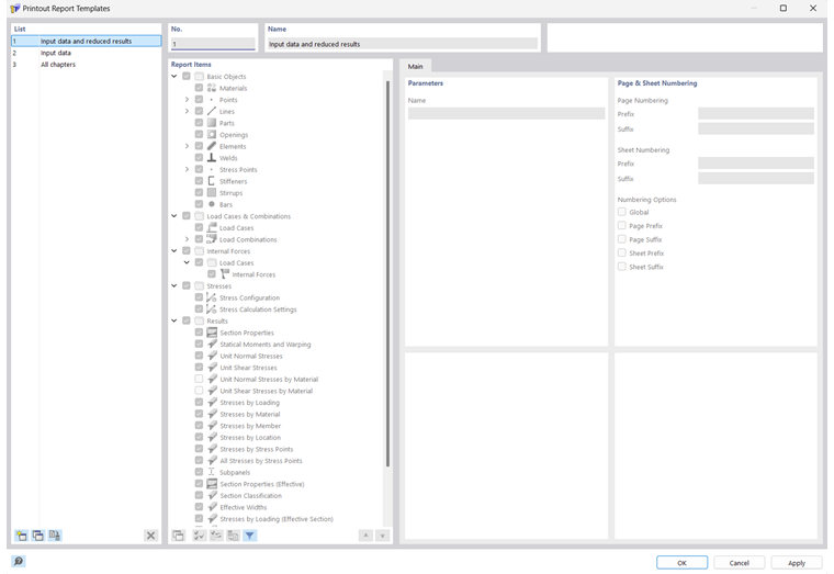 Finestra di dialogo "Modello di relazione di calcolo"