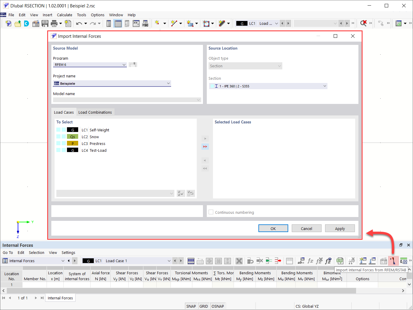 Importazione delle forze interne