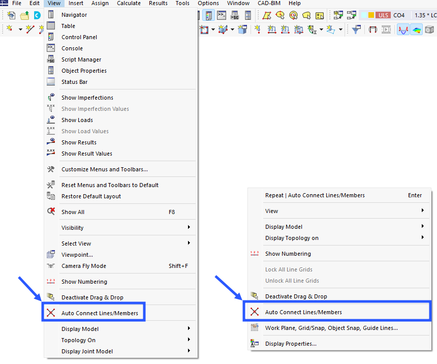 Funzione 'Collega automaticamente linee/aste' nel menu (1) e nel menu di scelta rapida generale (2)