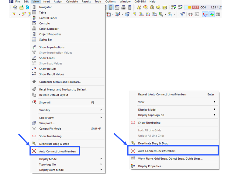 Funzione 'Collega automaticamente linee/aste' nel menu (1) e nel menu di scelta rapida generale (2)