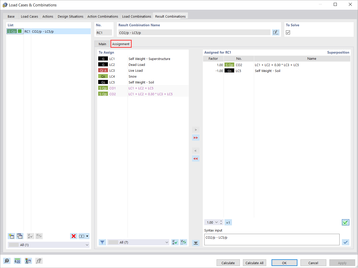 Casi e combinazioni di carico assegnati per la combinazione di risultati