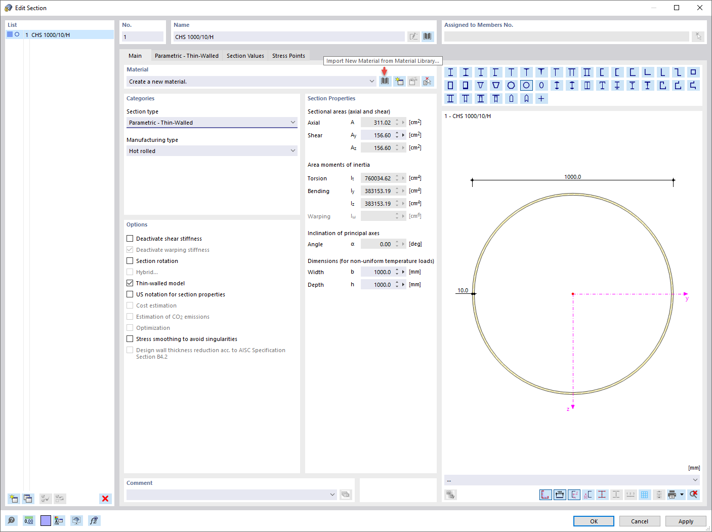 Modifica sezione trasversale: Principale