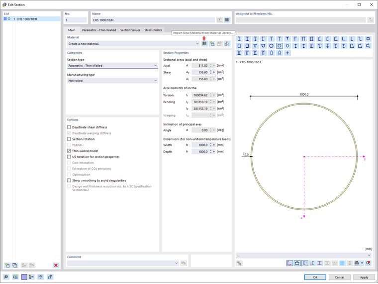 Modifica sezione trasversale: Principale