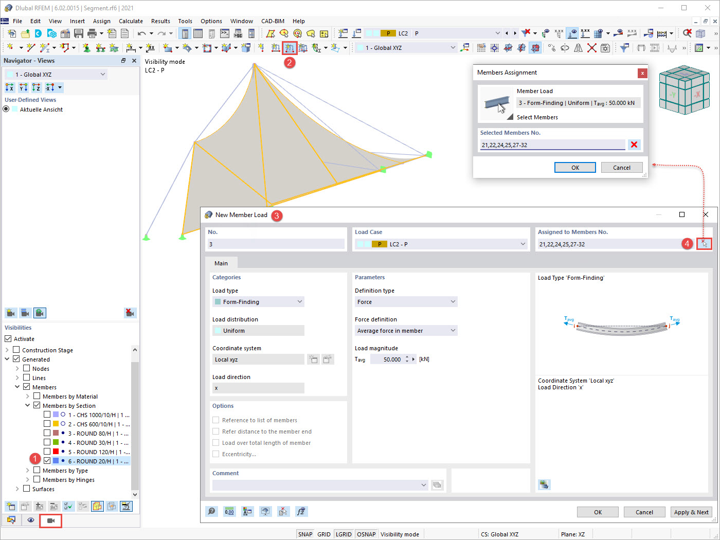 Nuovo carico dell'asta con tipo "Form-finding"