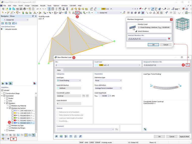 Nuovo carico dell'asta con tipo "Form-finding"