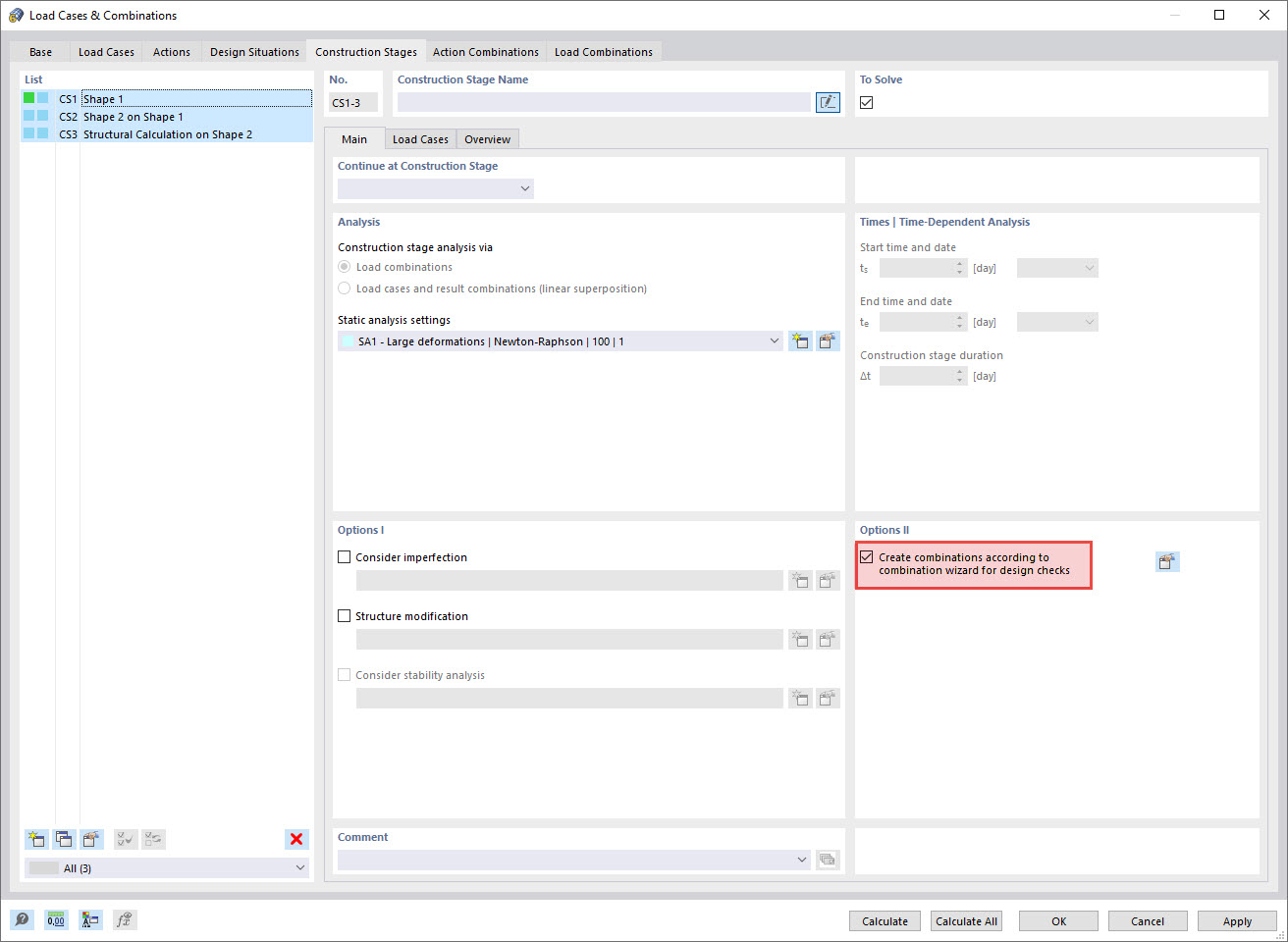 Opzione "Crea combinazioni secondo la creazione guidata di combinazioni per verifiche"