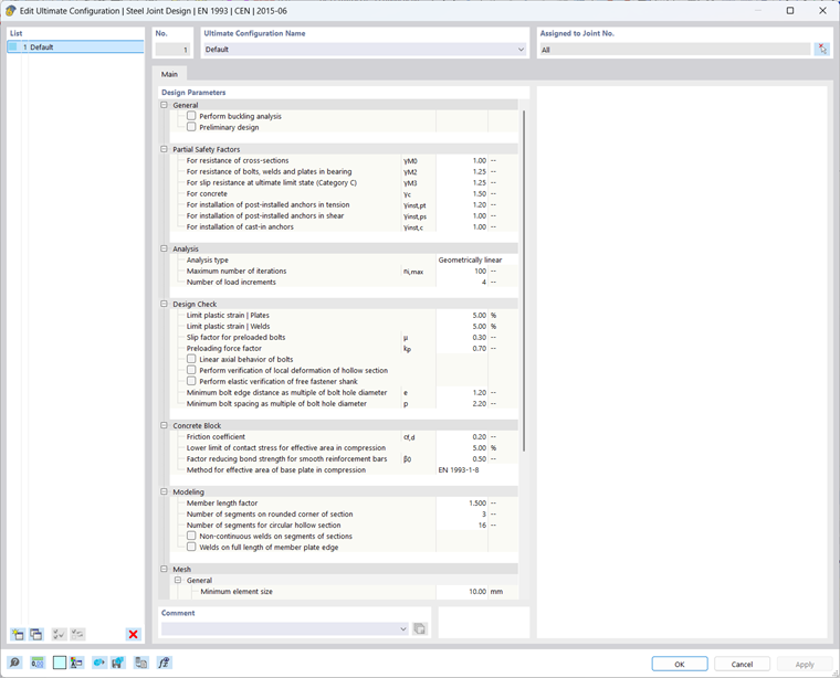 Parametri di verifica di una configurazione di SLU