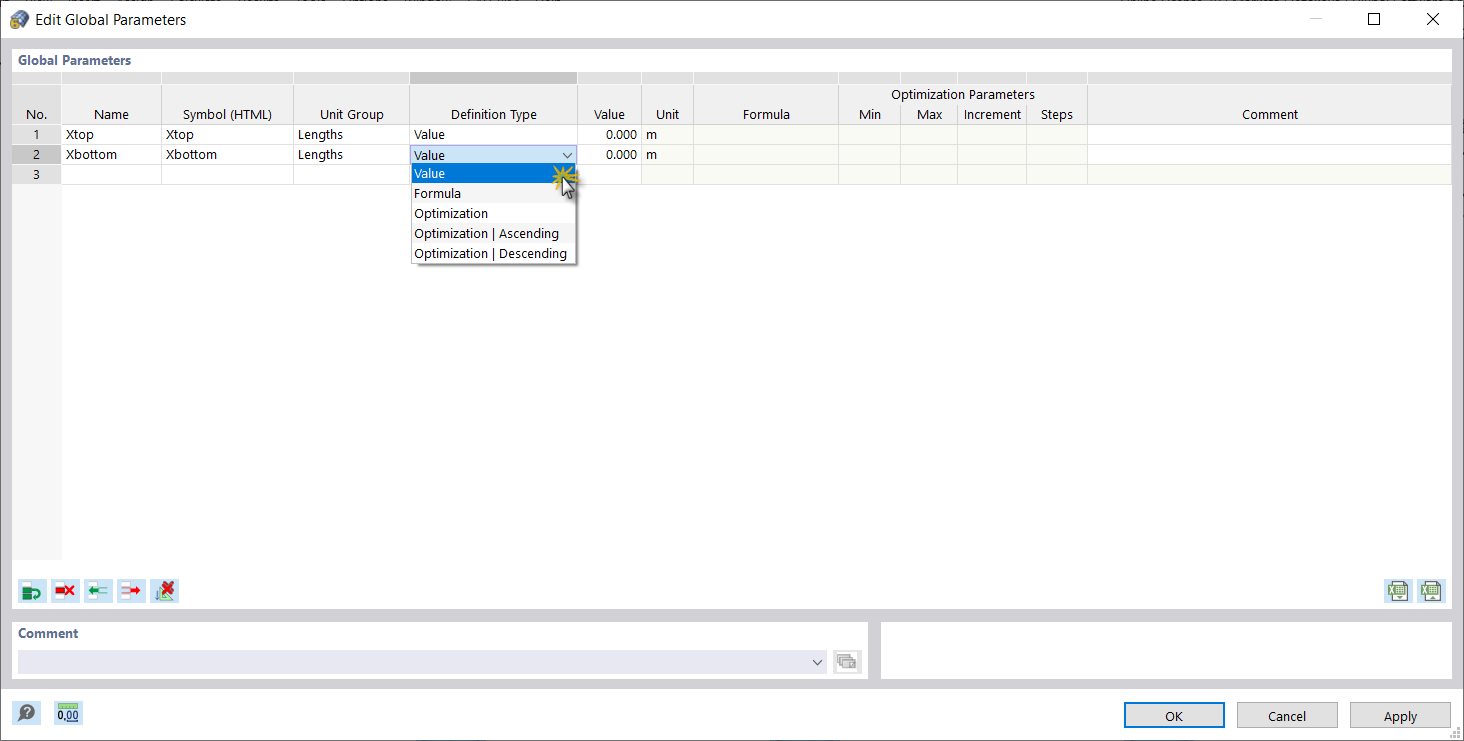 Modifica parametri globali
