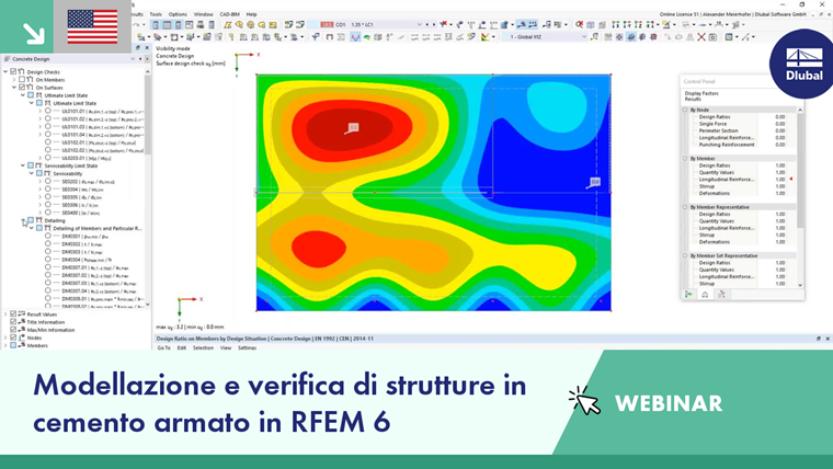 Presentation slide featuring strategies for modeling and designing reinforced concrete structures using RFEM 6 within a webinar setting.