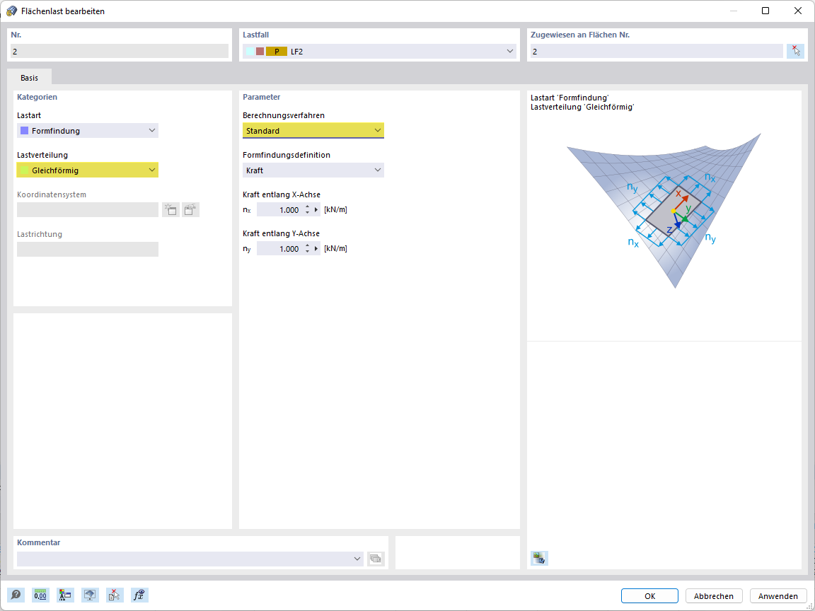 Carico superficiale Form-Finding, metodo standard