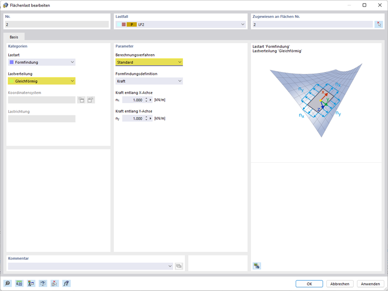 Carico superficiale Form-Finding, metodo standard