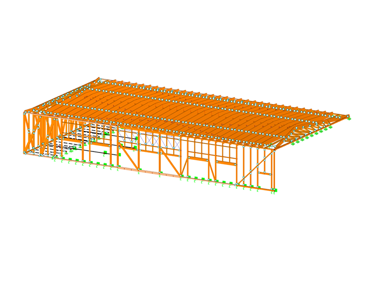 Modello 3D della struttura del capannone in legno in RSTAB (© MARX KRONTAL PARTNER)