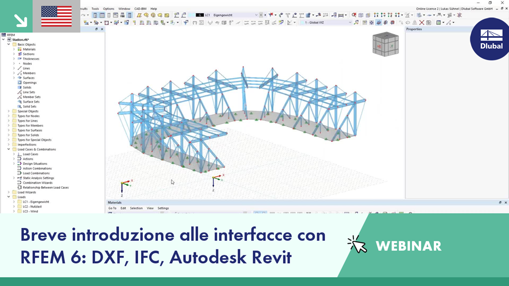 Webinar slide showcasing RFEM 6 interfaces with DXF, IFC, and Autodesk Revit integration.