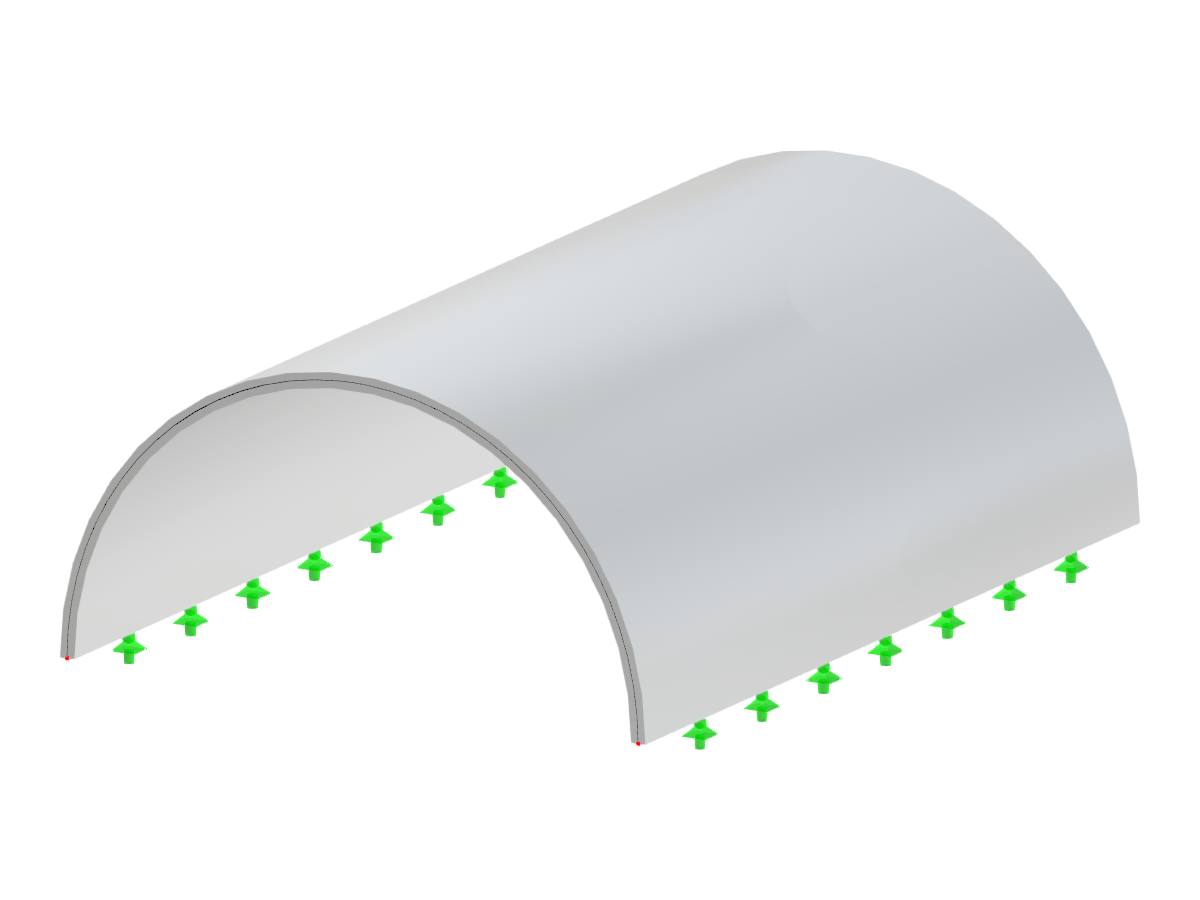 Vista prospettica di una volta a botte semicilindrica che mostra le sue dimensioni geometriche basate su altezza e raggio.