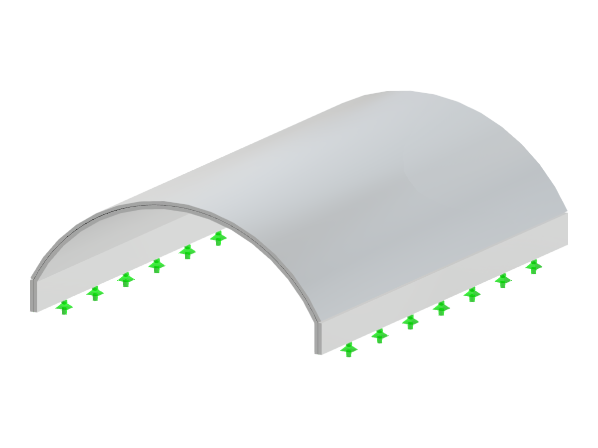 Volta a botte con forma semicilindrica dotata di irrigidimenti verticali, evidenziata dalla sua geometria definita da altezza e raggio.