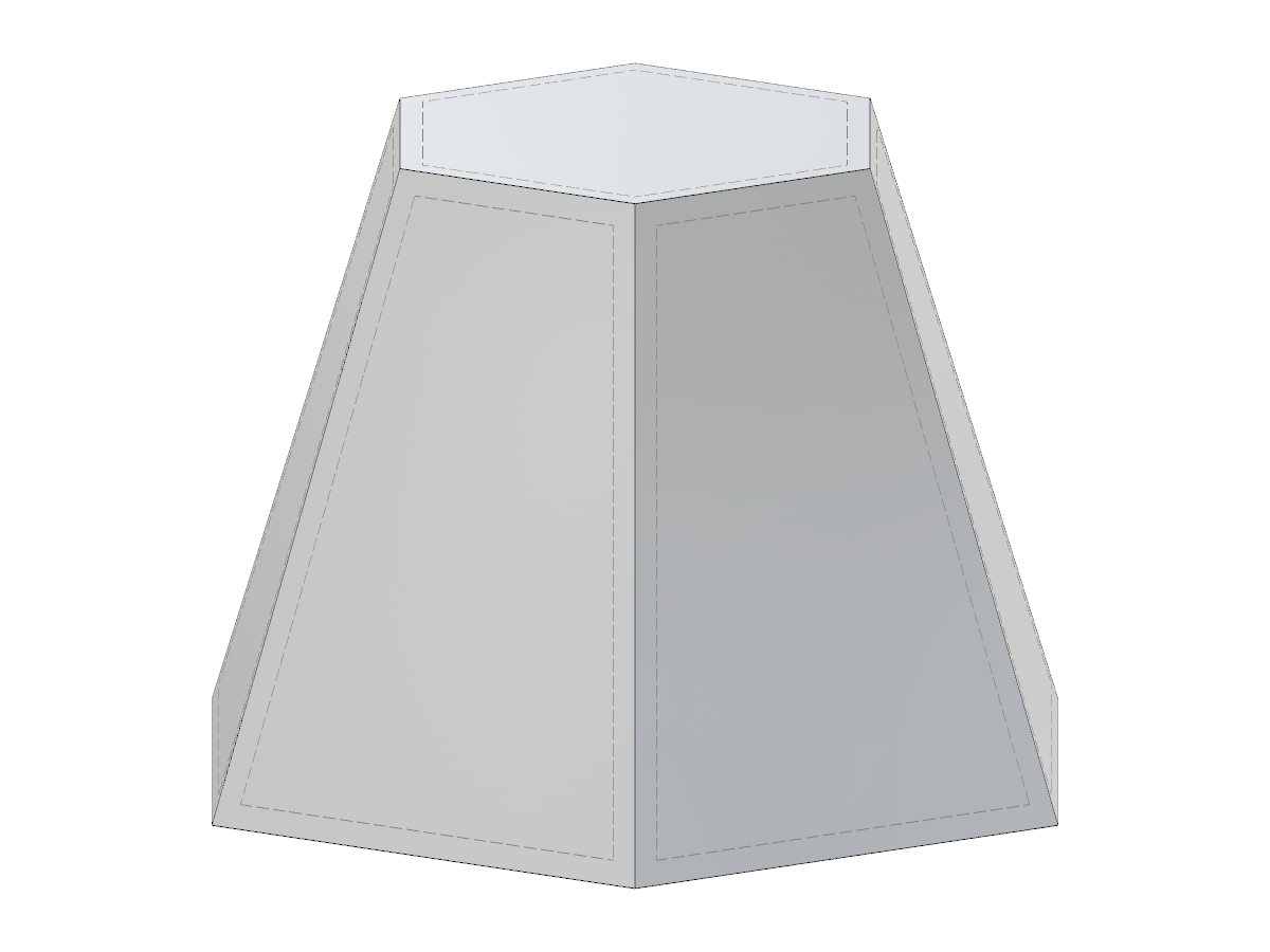 Un modello 3D parametrico di una piramide esagonale tronca generato utilizzando JavaScript, che accetta input come la lunghezza del lato, i raggi dei cerchi circoscritto e inscritto.