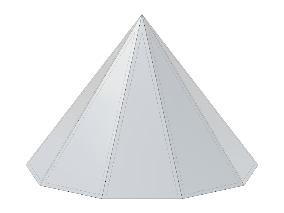 Un modello 3D di una piramide nonagonale che mostra le opzioni di input parametrico per la sua progettazione, con numero di spigoli e dimensioni regolabili.