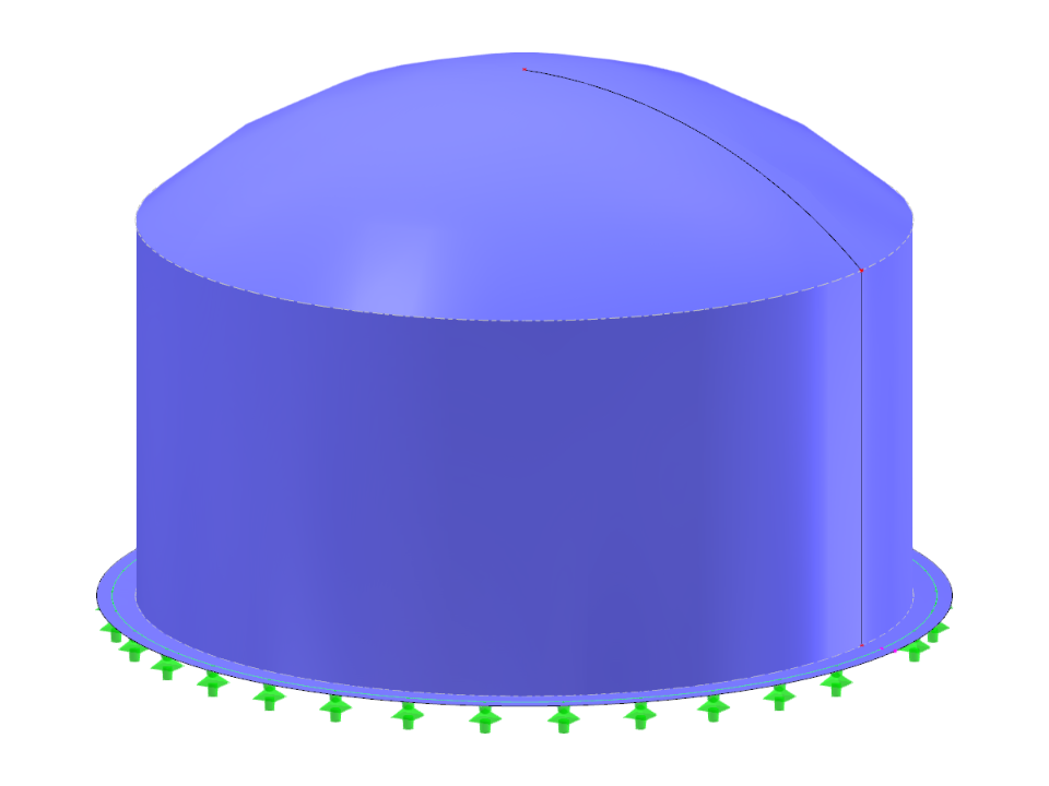 Silo in acciaio con piano circolare e copertura superiore sferica, che mostra il progetto strutturale e dettagli ingegneristici.