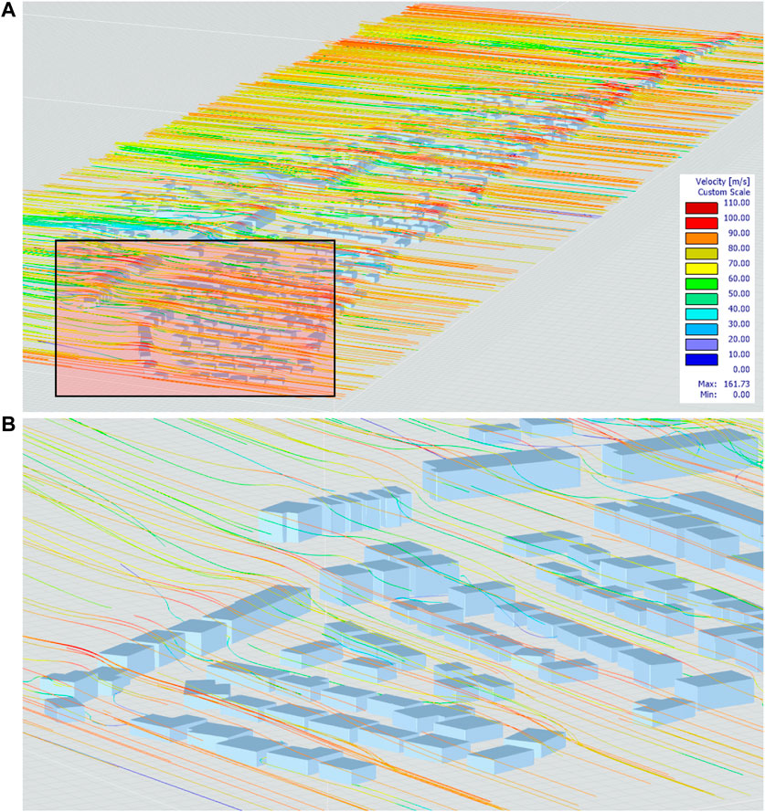 Risultati Analisi Flusso Vento: (A) Linee Flusso Vento della Comunità Codificate a Colori in Base alla Variazione della Velocità del Vento; (B) Vista Ravvicinata sulla Variazione del Flusso Vento e Velocità del Vento.