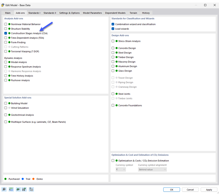Attivazione dell'add-on "Analisi delle fasi costruttive (CSA)"