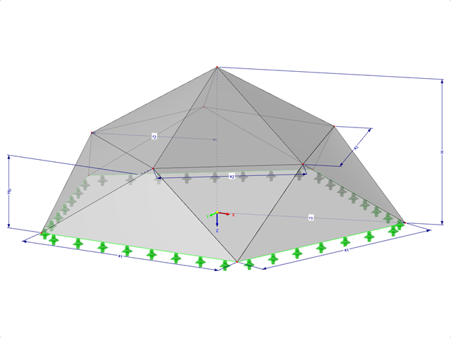 Modello 001326 | FPC022-b (variante più generale di 034-FPC022-a) | Sistemi di strutture piegate piramidali. Superfici triangolari piegate. Pianta pentagonale con parametri