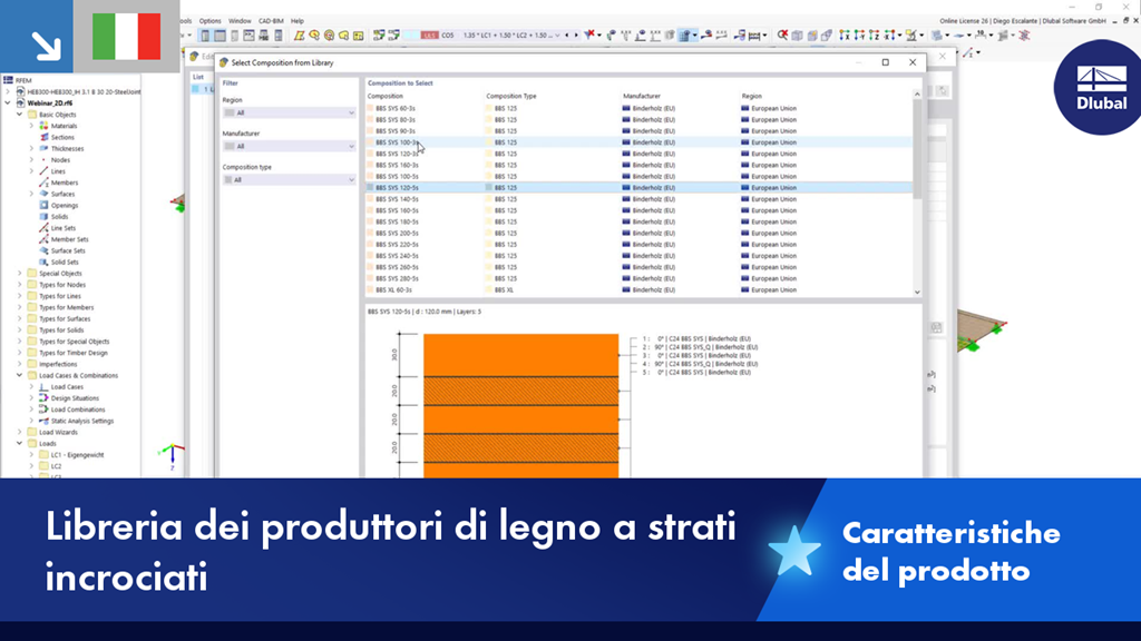 Vista dettagliata della libreria del produttore di legno lamellare incrociato con proprietà specifiche del materiale.