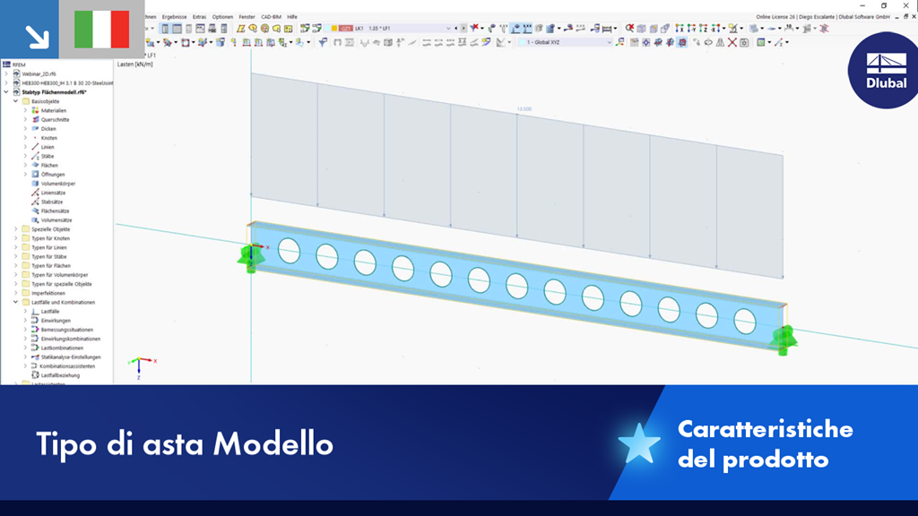 Modello di superficie come tipo di asta nell'analisi strutturale, visualizzato in vista 3D.