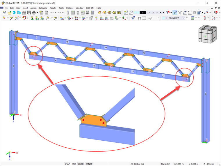 La connessione in acciaio nella finestra di lavoro di RFEM 6