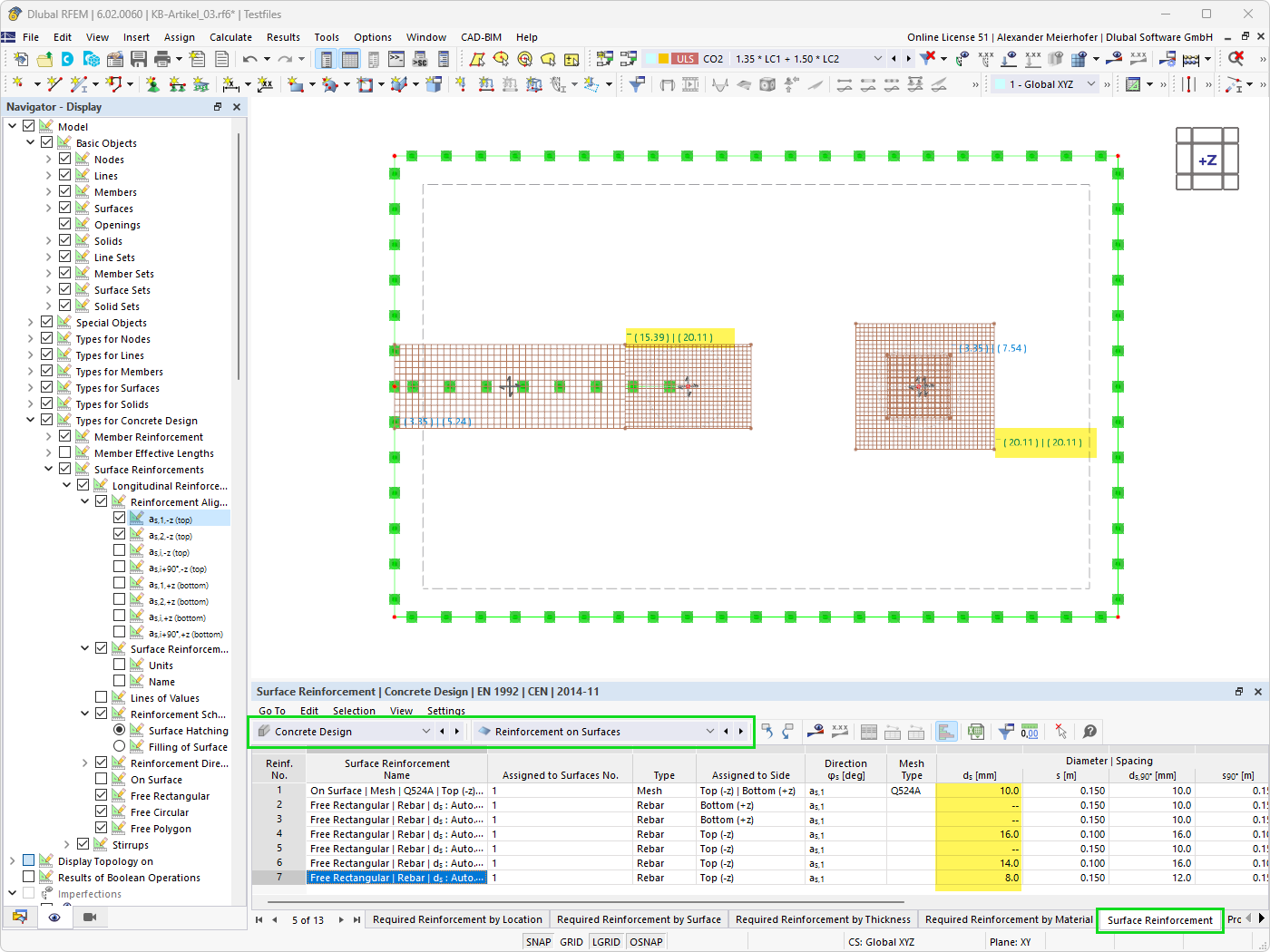 KB 001842 | Output grafico e tabellare delle aree di armatura automatiche