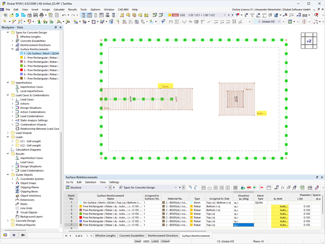 KB 001842 | Rappresentazione grafica e tabellare dell'input per l'armatura su area da progettare
