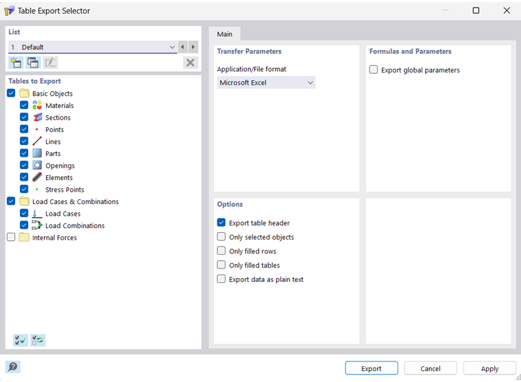 Selettore esportazione tabella