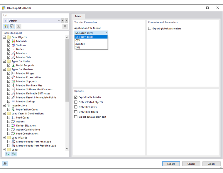 Impostazioni per l'esportazione delle tabelle