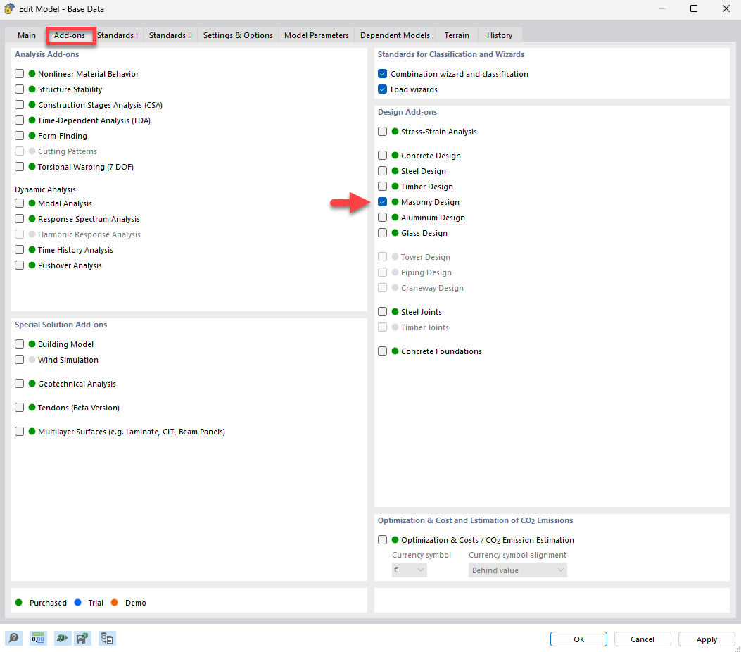 Attivazione dell'add-on Verifica muratura nell'interfaccia del software. Dimostra il processo di configurazione.
