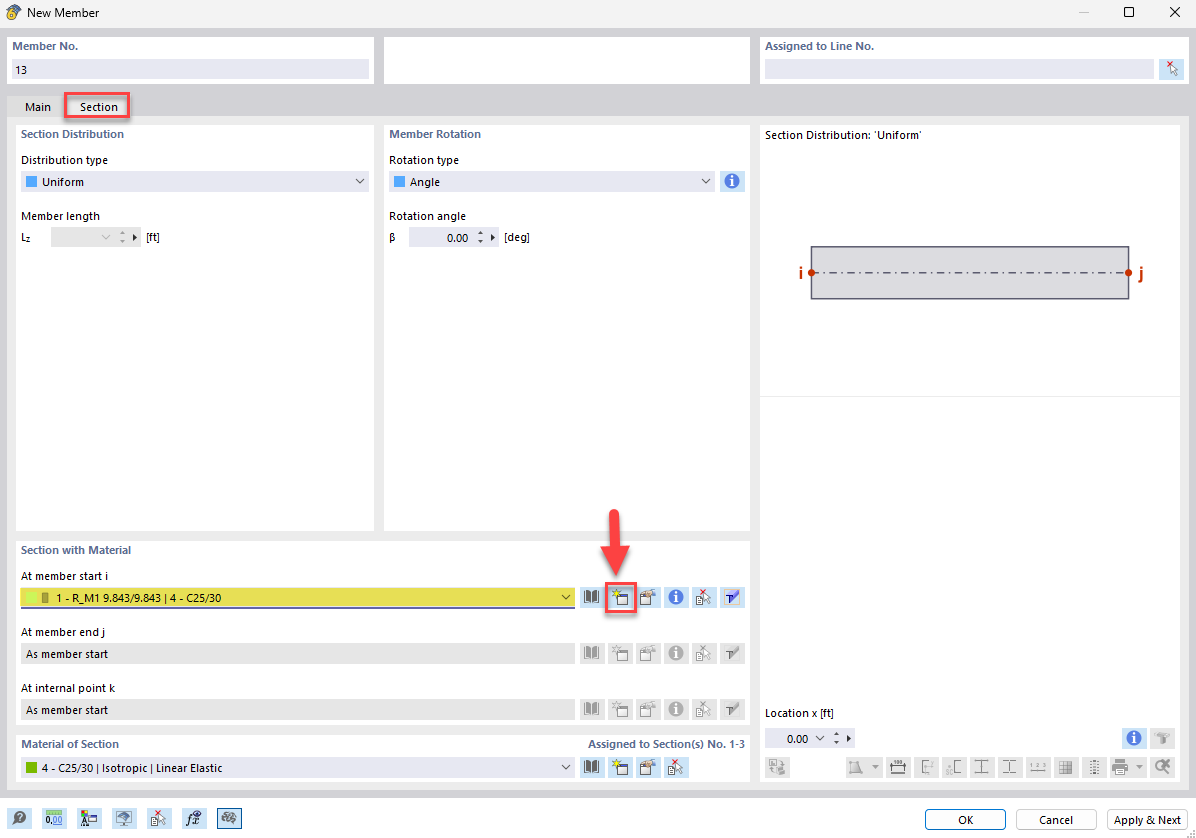 Finestra di dialogo per creare una nuova sezione per le strutture portanti con parametri specifici e dimensioni.