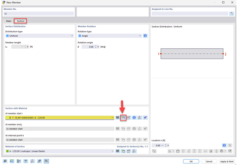 Finestra di dialogo per creare una nuova sezione per le strutture portanti con parametri specifici e dimensioni.
