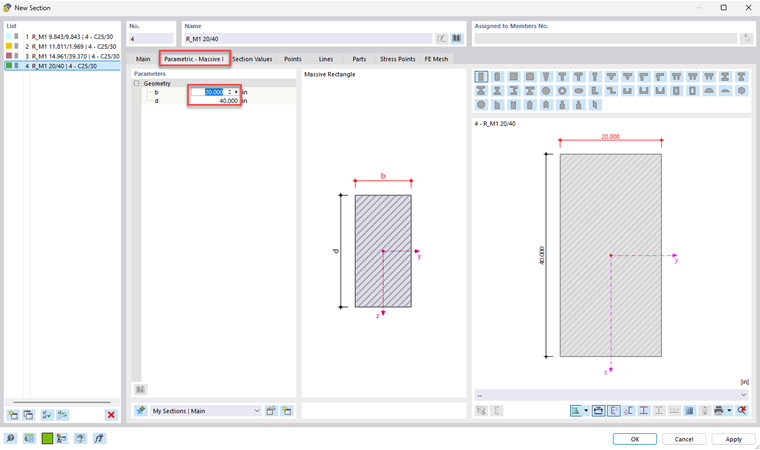 Visualizzazione delle dimensioni della sezione di una sezione rettangolare a parete spessa.