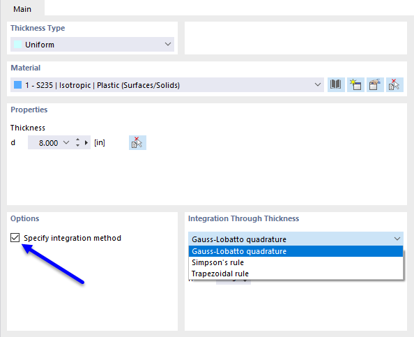 Definire il metodo di integrazione per lo spessore della superficie