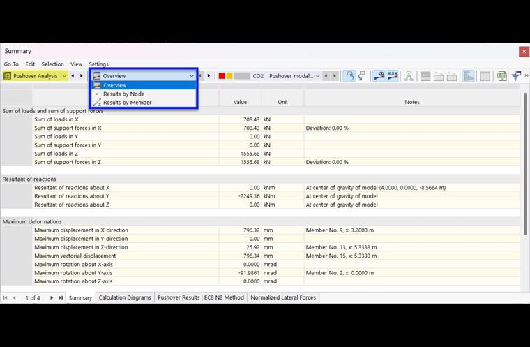Selezione della sottocategoria dei risultati dell'analisi pushover